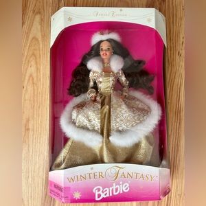 Vintage 1995 Mattel Winter Fantasy Barbie Doll Brunette Brown Hair Gold Gown